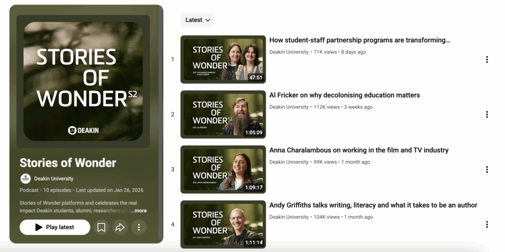 Screenshot of Deakin University's Stories of Wonder Youtube channel